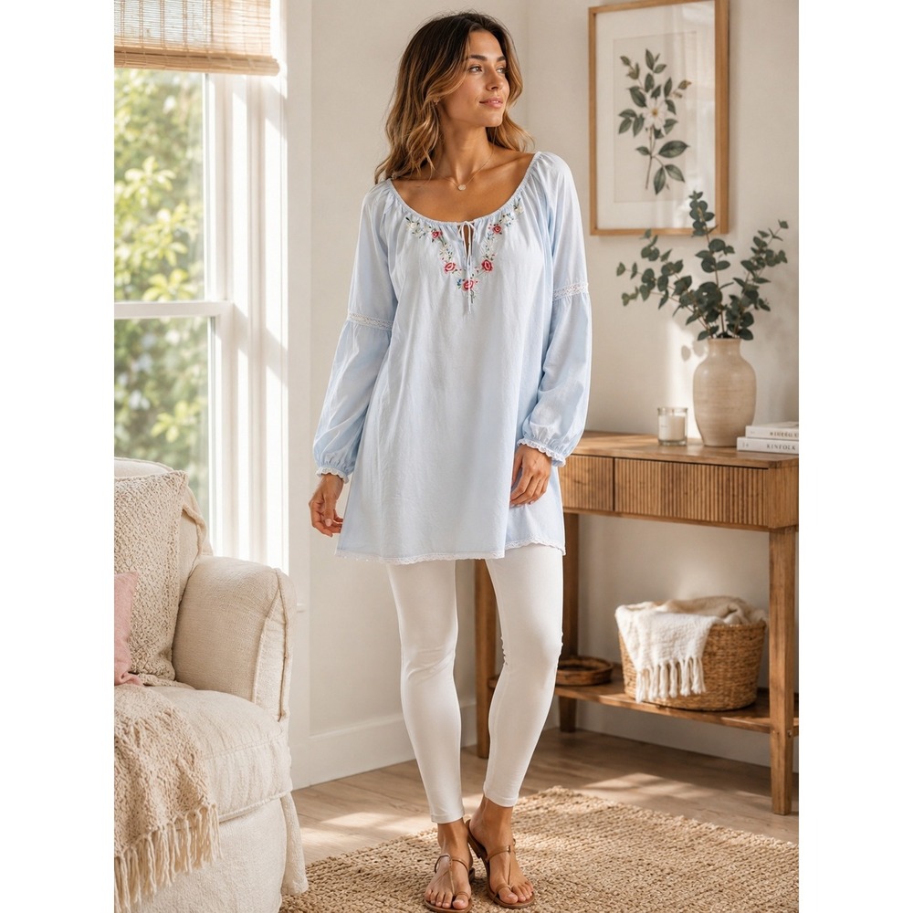 Boutique Light Blue Embroidered Boho Peasant Tunic Top One Size
